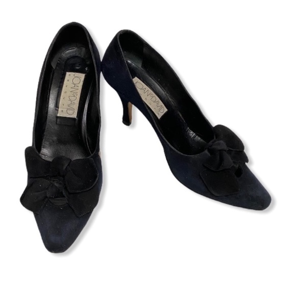 Vintage Joan And David Couture Black Suede Double Bow Heels Sz 8.5 - Picture 1 of 6